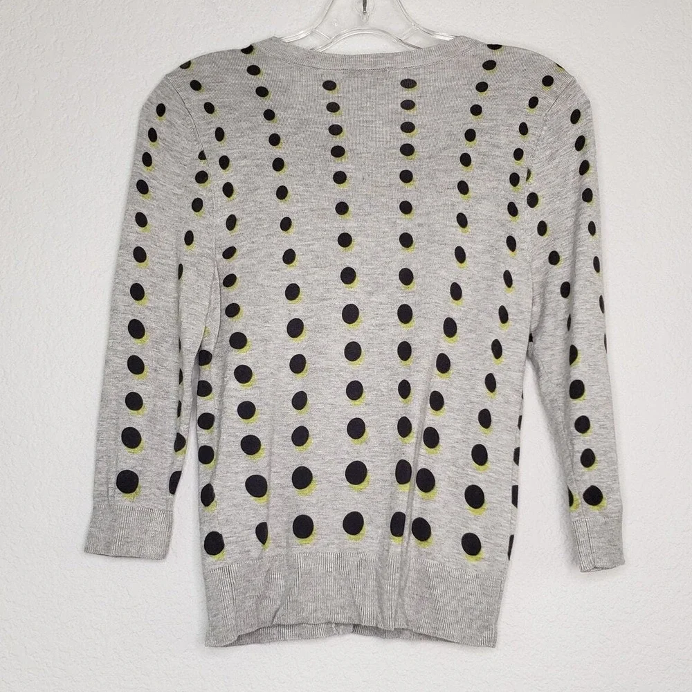 Halogen Cardigan Sweater‎ Womens Small Gray Black Yellow Polka Dot 3/4 Sleeve